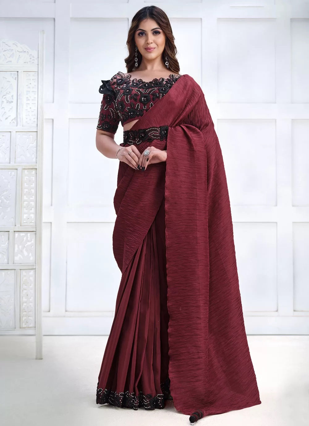 Embroidered Work Crepe Silk Contemporary Saree In Maroon