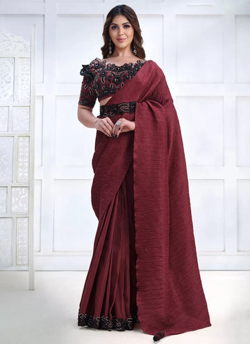 Embroidered Work Crepe Silk Contemporary Saree In Maroon