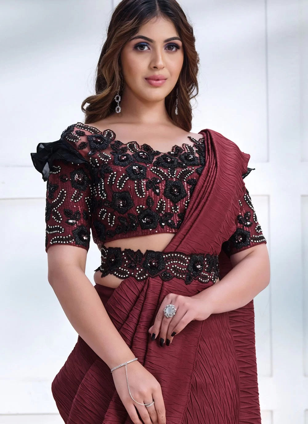 Embroidered Work Crepe Silk Contemporary Saree In Maroon