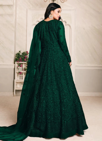 Dark Green Embroidered Net Indian Anarkali Suit