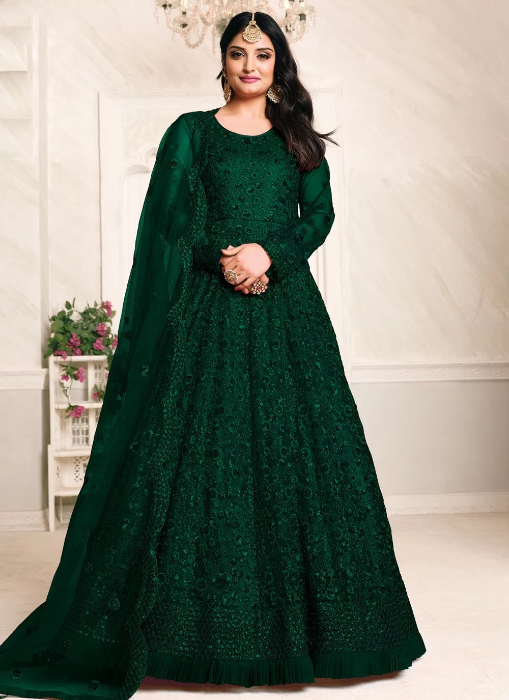 Dark Green Embroidered Net Indian Anarkali Suit