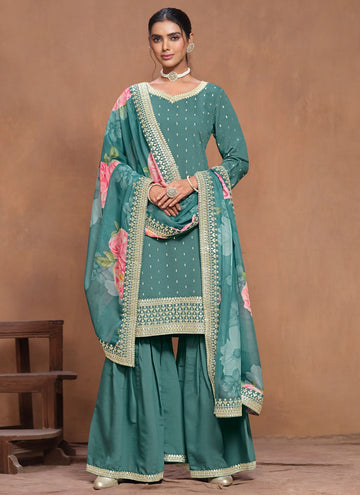 Rama Green Silk Gota patti Indian Sharara Suit