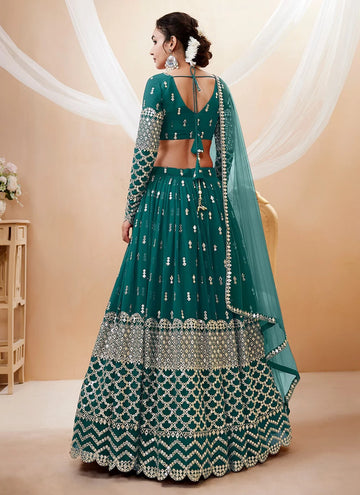 Teal Blue Georgette Color Sequins Work Indian Party Lehenga