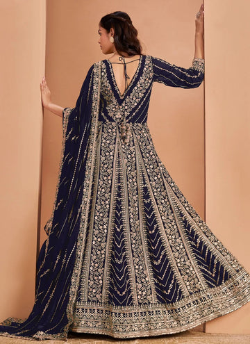 Blue Faux Georgette Embroidered Indian Anarkali Suit