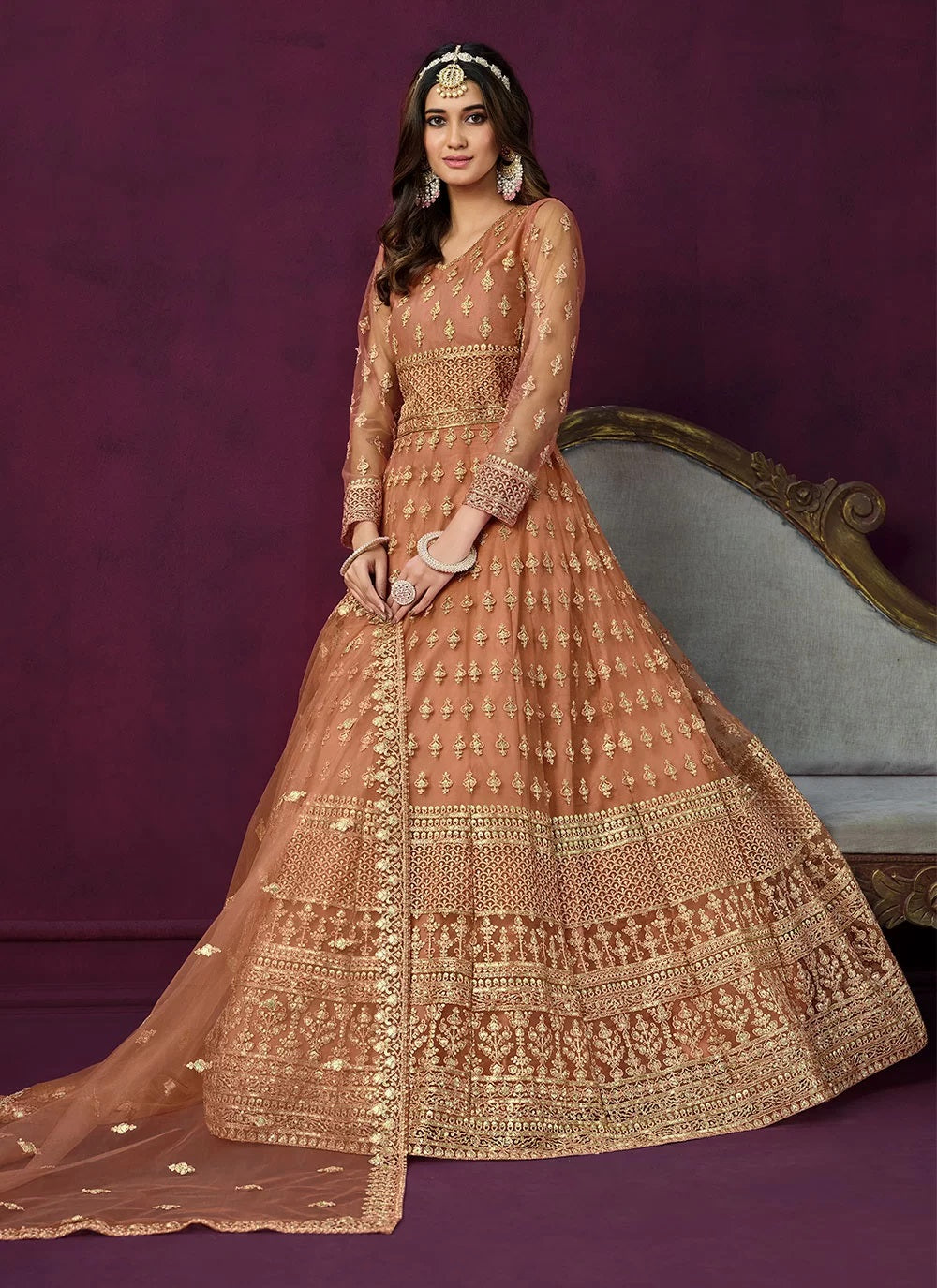 Buy Brown Net Embroidered Indian Anarkali suit