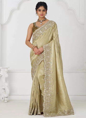 Chiku color Pure dola silk Indian Wedding Saree