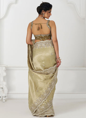 Chiku color Pure dola silk Indian Wedding Saree