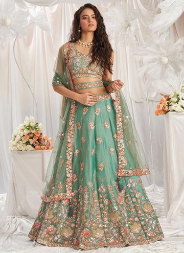 Lime Green Sequins Zarkan Organza Indian Lehenga Choli for Wedding