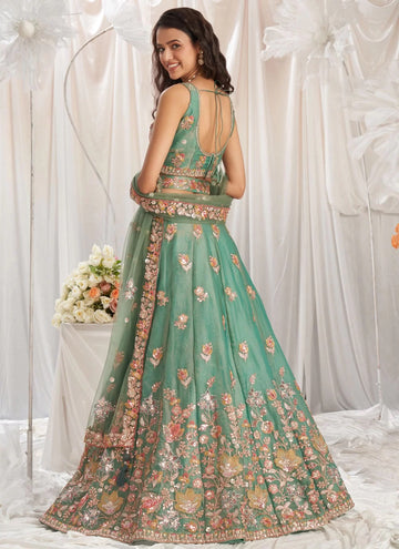Lime Green Sequins Zarkan Organza Indian Lehenga Choli for Wedding
