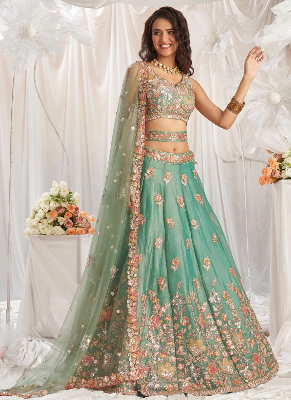 Lime Green Sequins Zarkan Organza Indian Lehenga Choli for Wedding