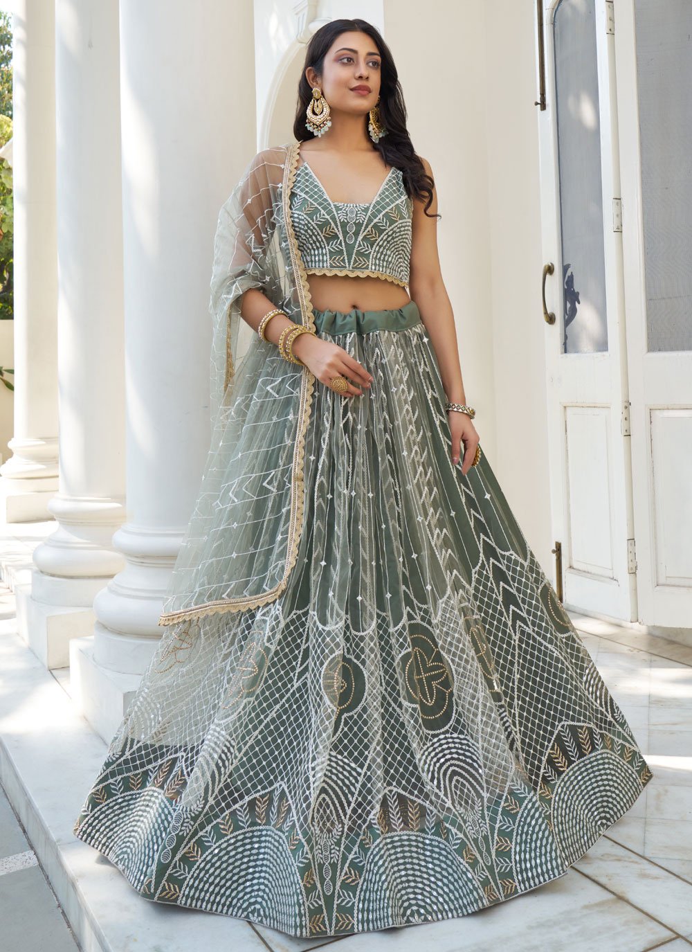 Green Color Net Thread and sequins Work Indian Wear Lehenga - Main Image