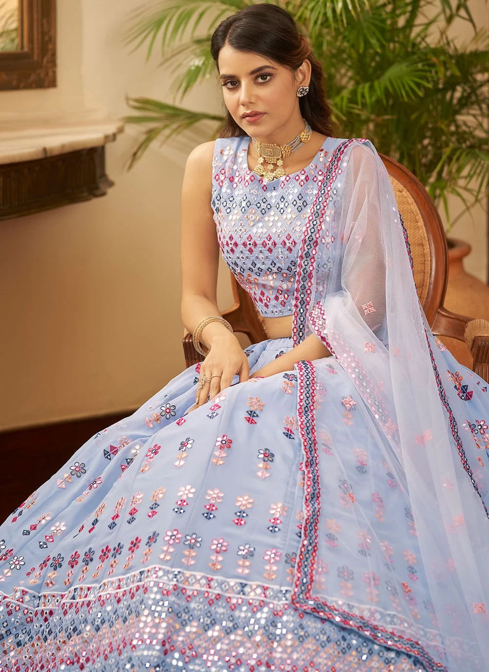 Gota Patti and Thread Embroidery Work Lehenga In Sky Blue