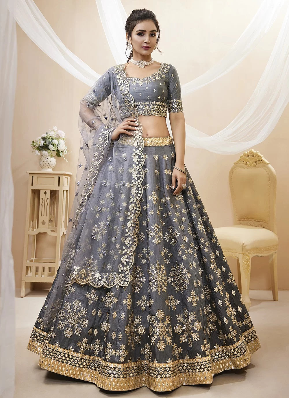 Buy Grey Embroidered Art Silk Indian Wedding Lehenga Choli