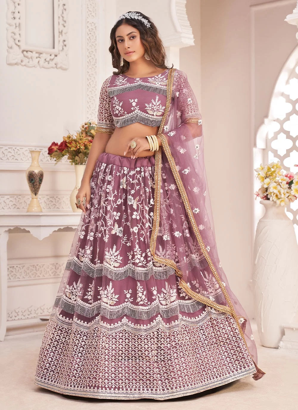 Mauve Indian Wedding Reception Net Lehenga Choli