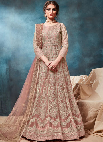 Peach Festival Net Party wear Anarkali Salwar Suit