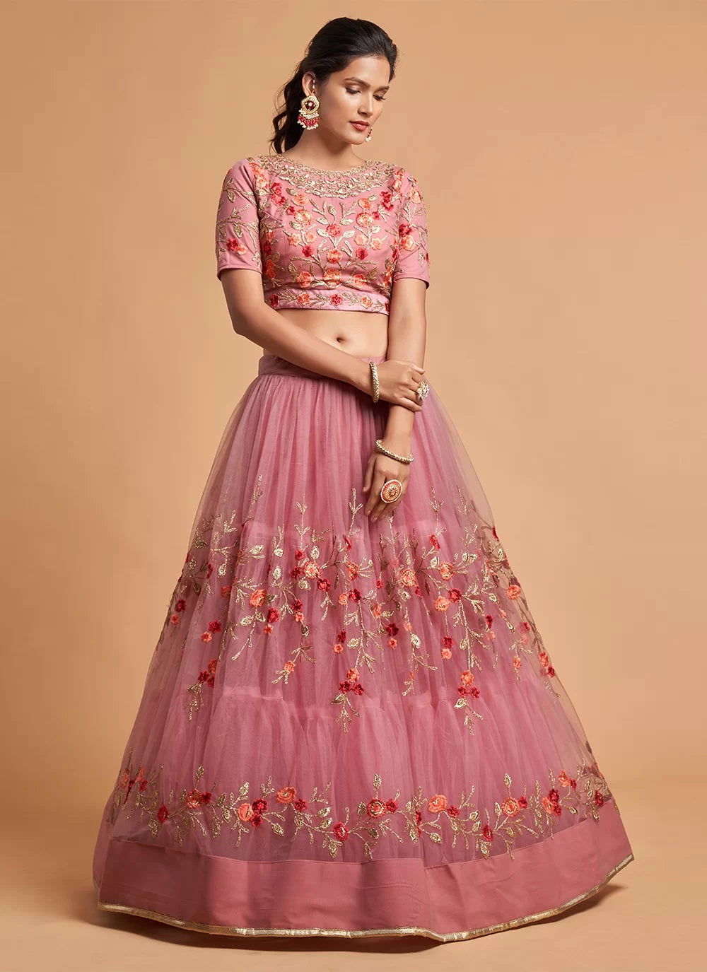 Pink Dori Work Net A Line Embroidered Lehenga Choli