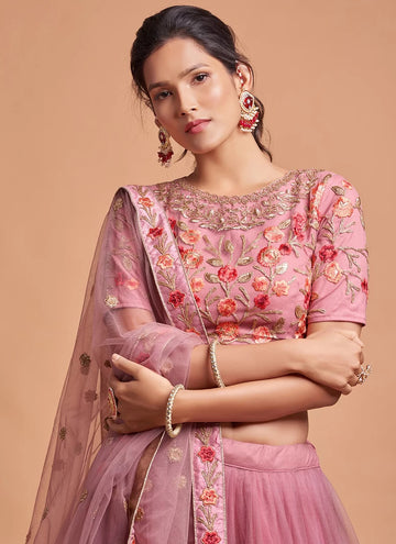 Pink Dori Work Net A Line Embroidered Lehenga Choli