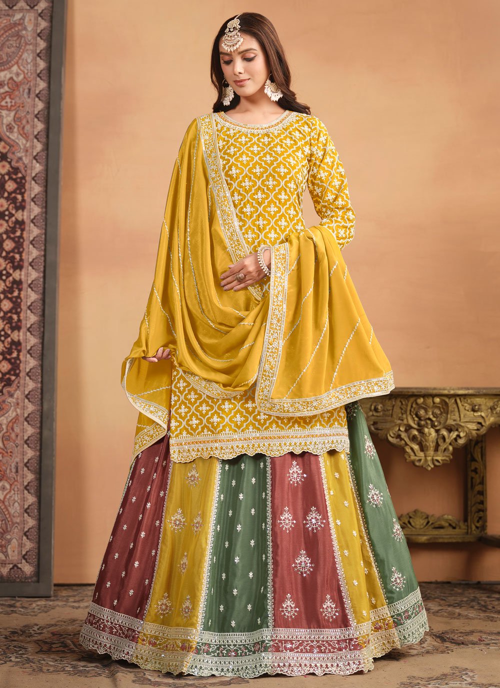 Shop Yellow Chinnon Ebroidered Indian Lehenga Style Dress