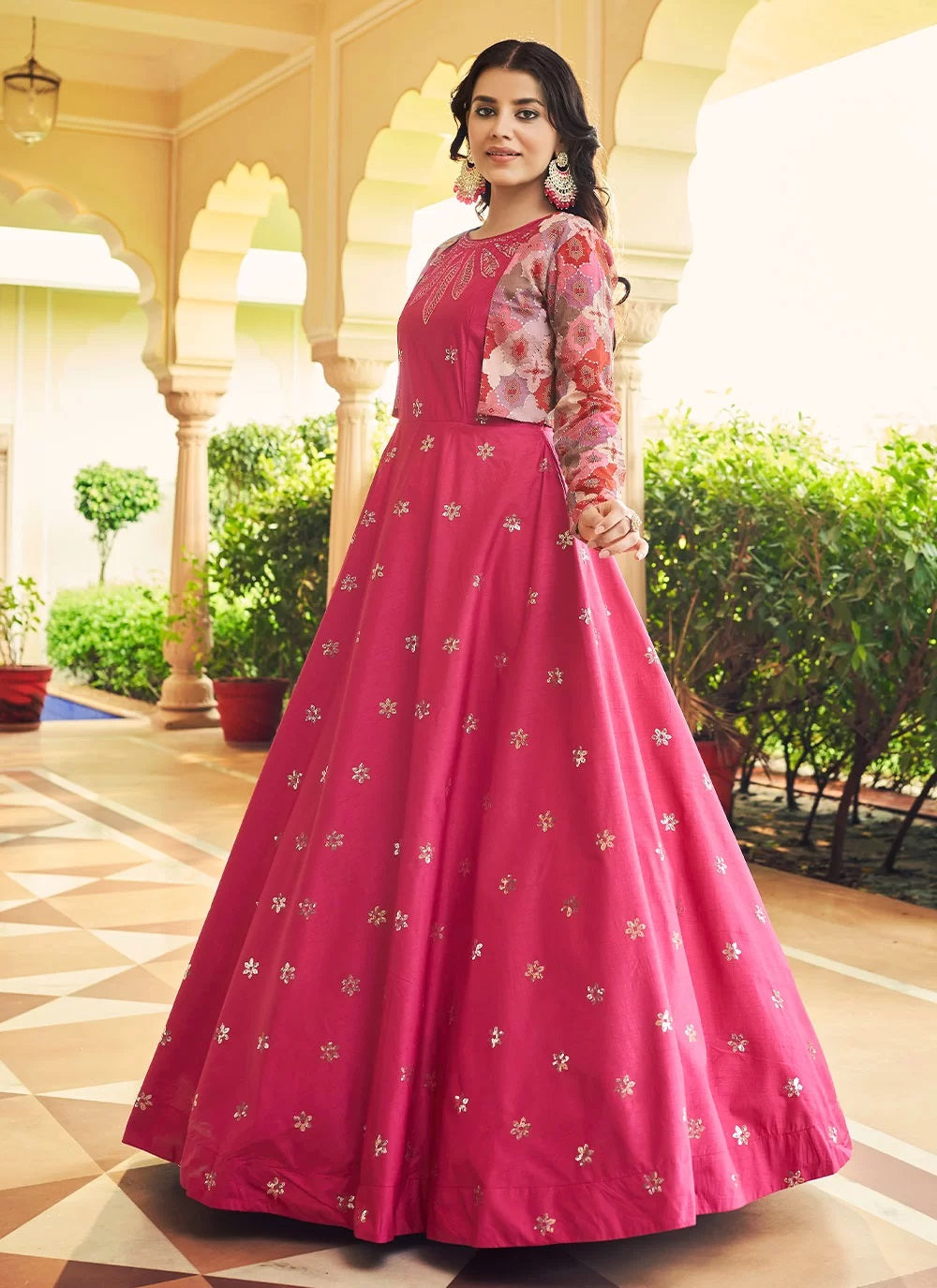 pink dress embroidery designs Rani Pink Faux Blooming Fabric Embroidered Gown with 12-Mete