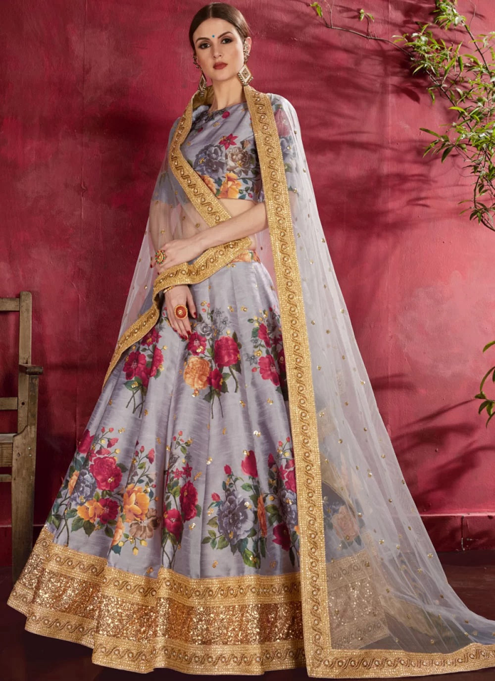 Best Indian Wedding Dress | Grey Digital Printed Silk Lehenga Choli