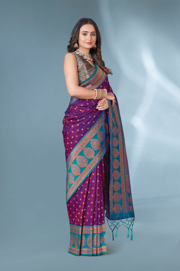 Purple Polka Paithani Silk Contrast Zari Woven Saree with Unstitched Blouse