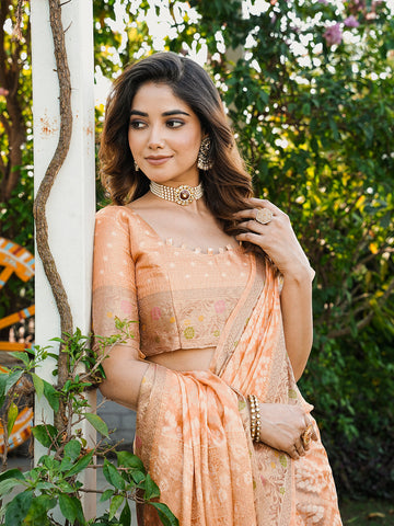 Peach Organza Zari Woven Patola Saree