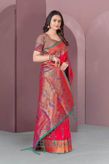 Pink Original Meenakari Paithani Silk Zari Woven Saree
