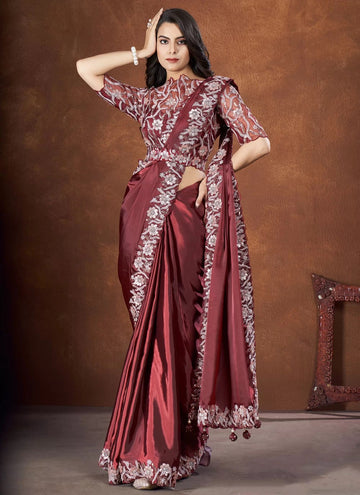 Brown Crepe Satin Silk Indian Saree with Organza Silk Stitched Blouse