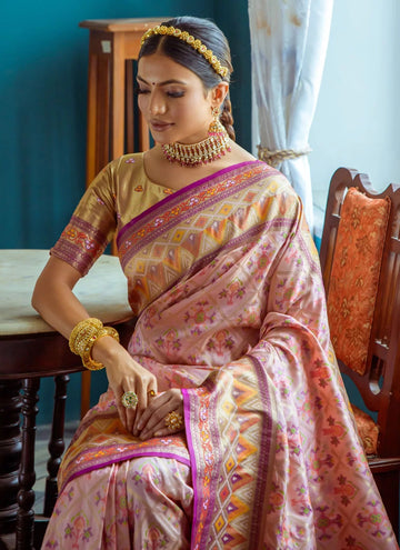 Pink Banarasi Indian Silk Saree With Blouse Piece