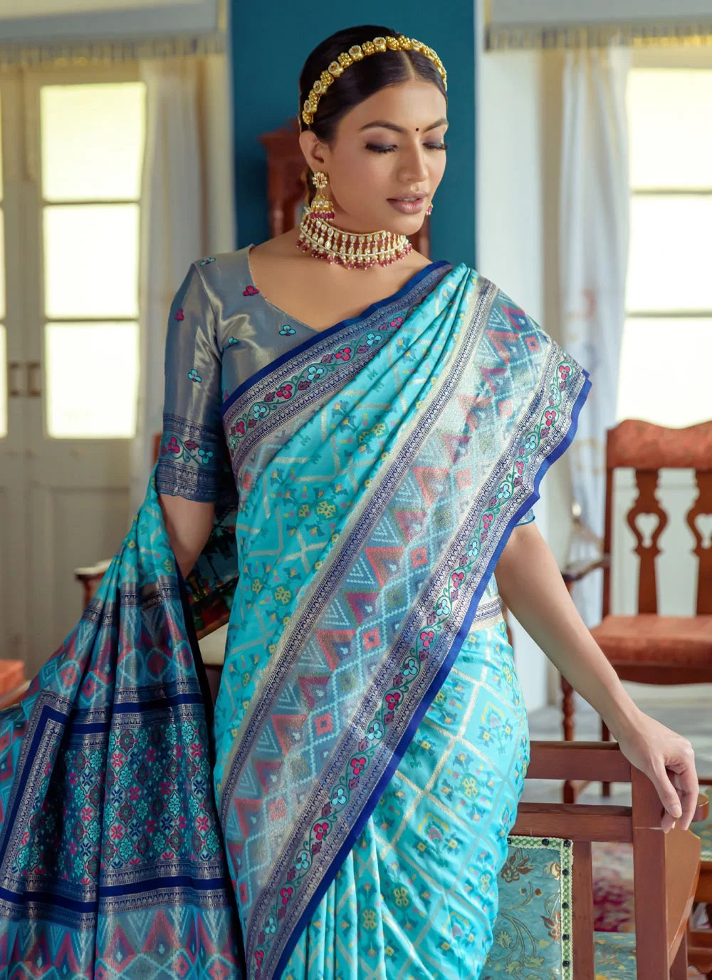 Beautiful Firozi Banarasi Patola Silk Indian Saree