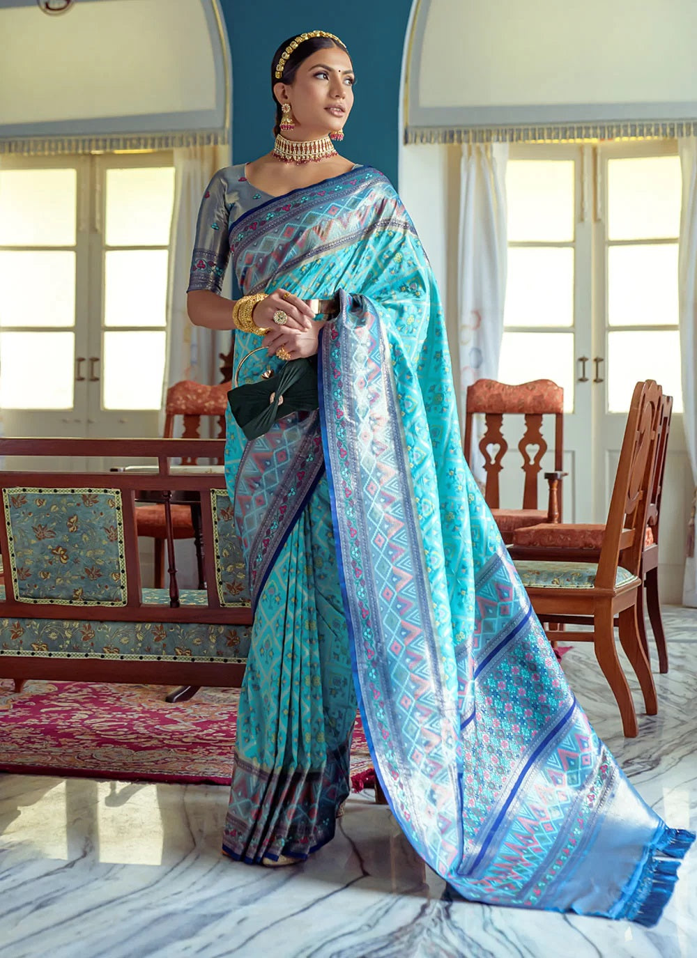 Beautiful Firozi Banarasi Patola Silk Indian Saree