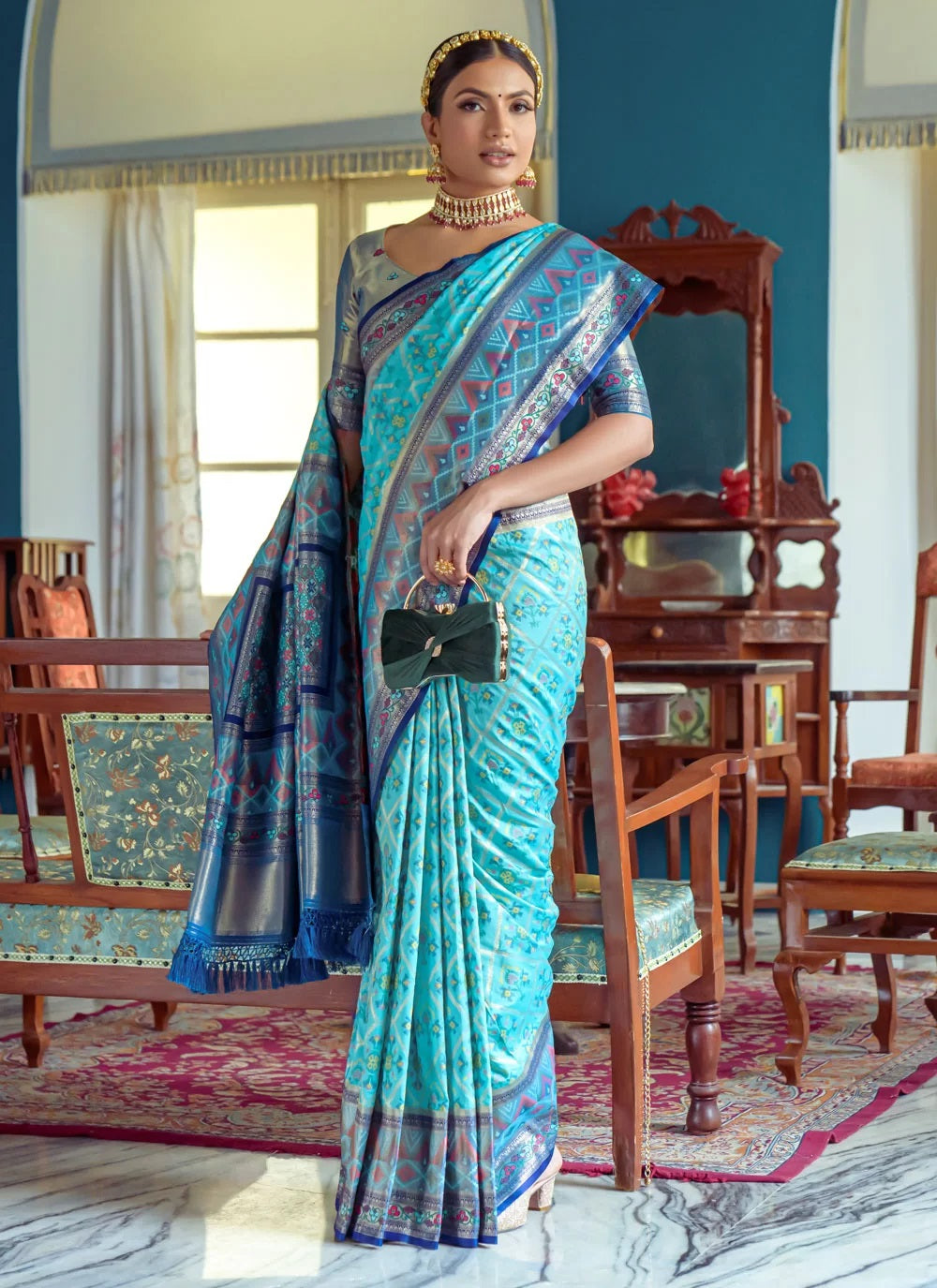 Beautiful Firozi Banarasi Patola Silk Indian Saree