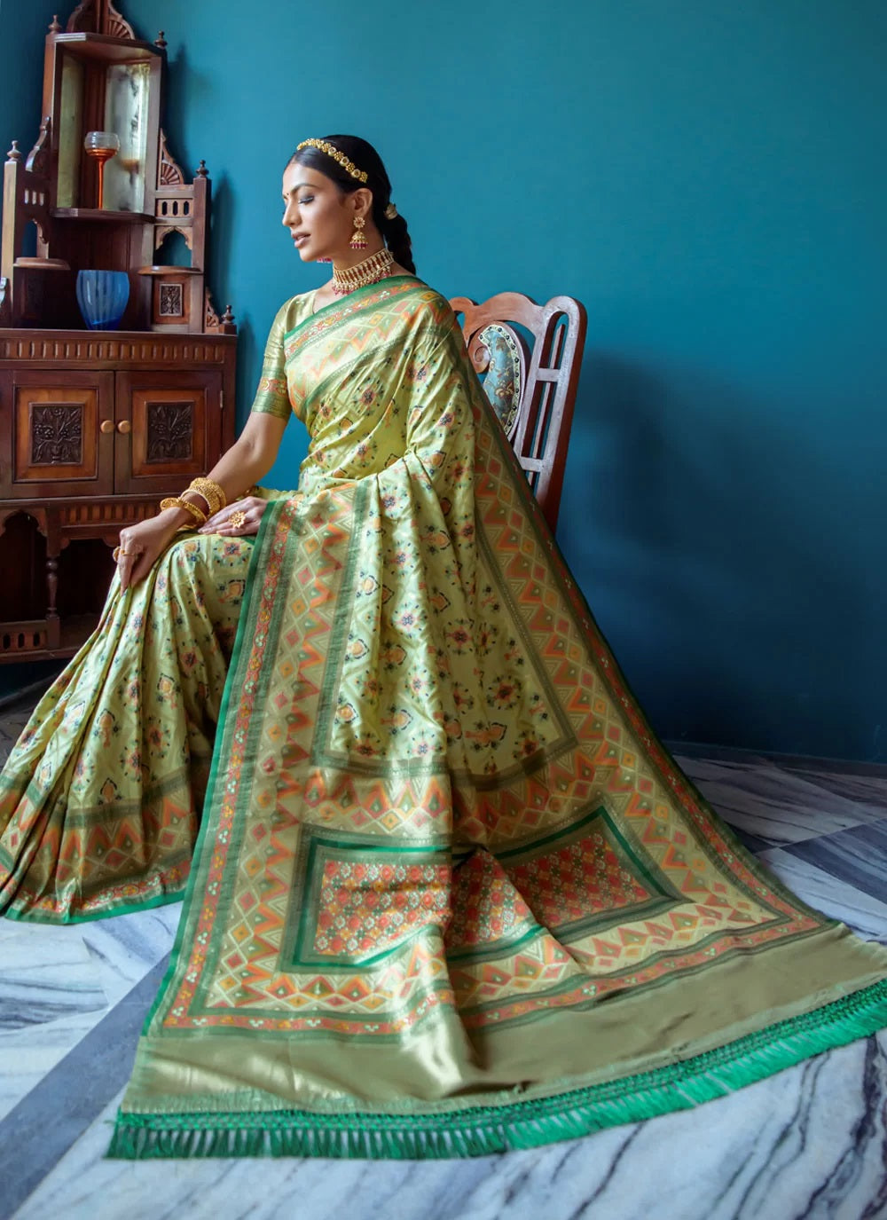 Pista Color Trendy Banaasi Patola Saree For Indian Wedding