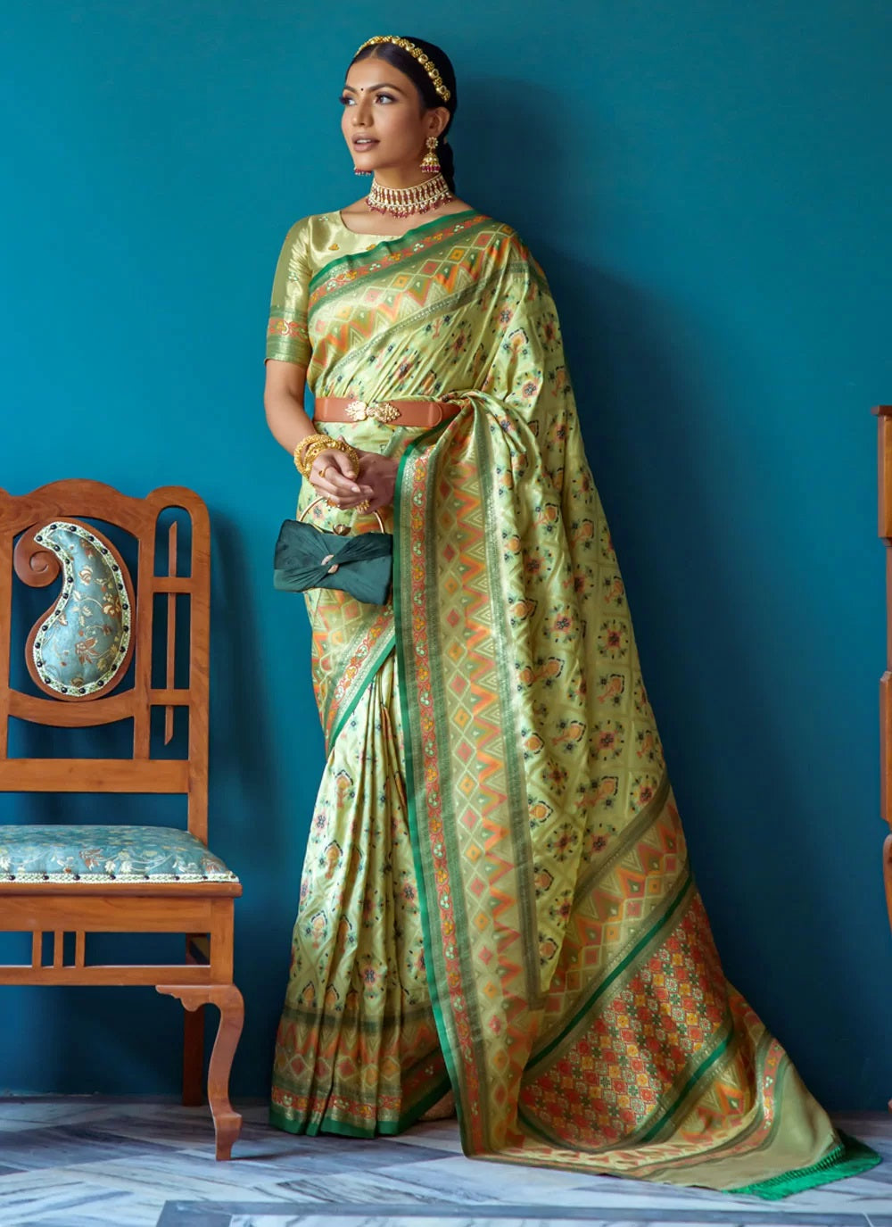 Pista Color Trendy Banaasi Patola Saree For Indian Wedding