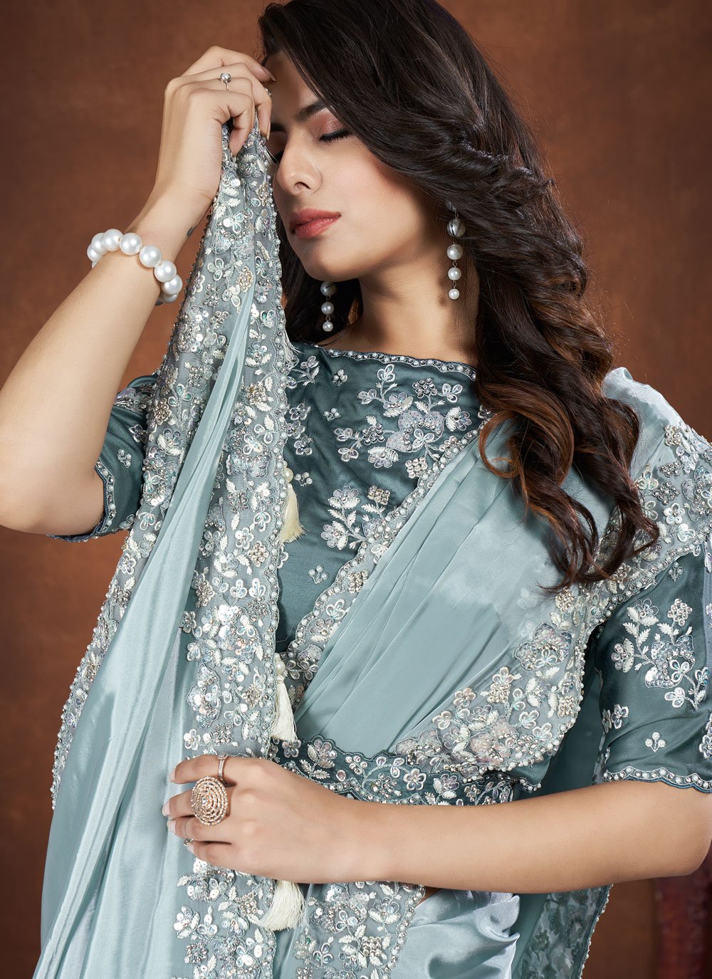 Blue Crepe Satin Silk Saree For Indian Traditional wedding 