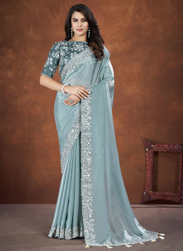 Blue Crepe Satin Silk Saree For Indian Traditional wedding 