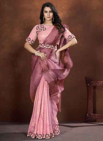 Pink Indian Crepe Satin Silk Saree with Georgette Stitched Blouse