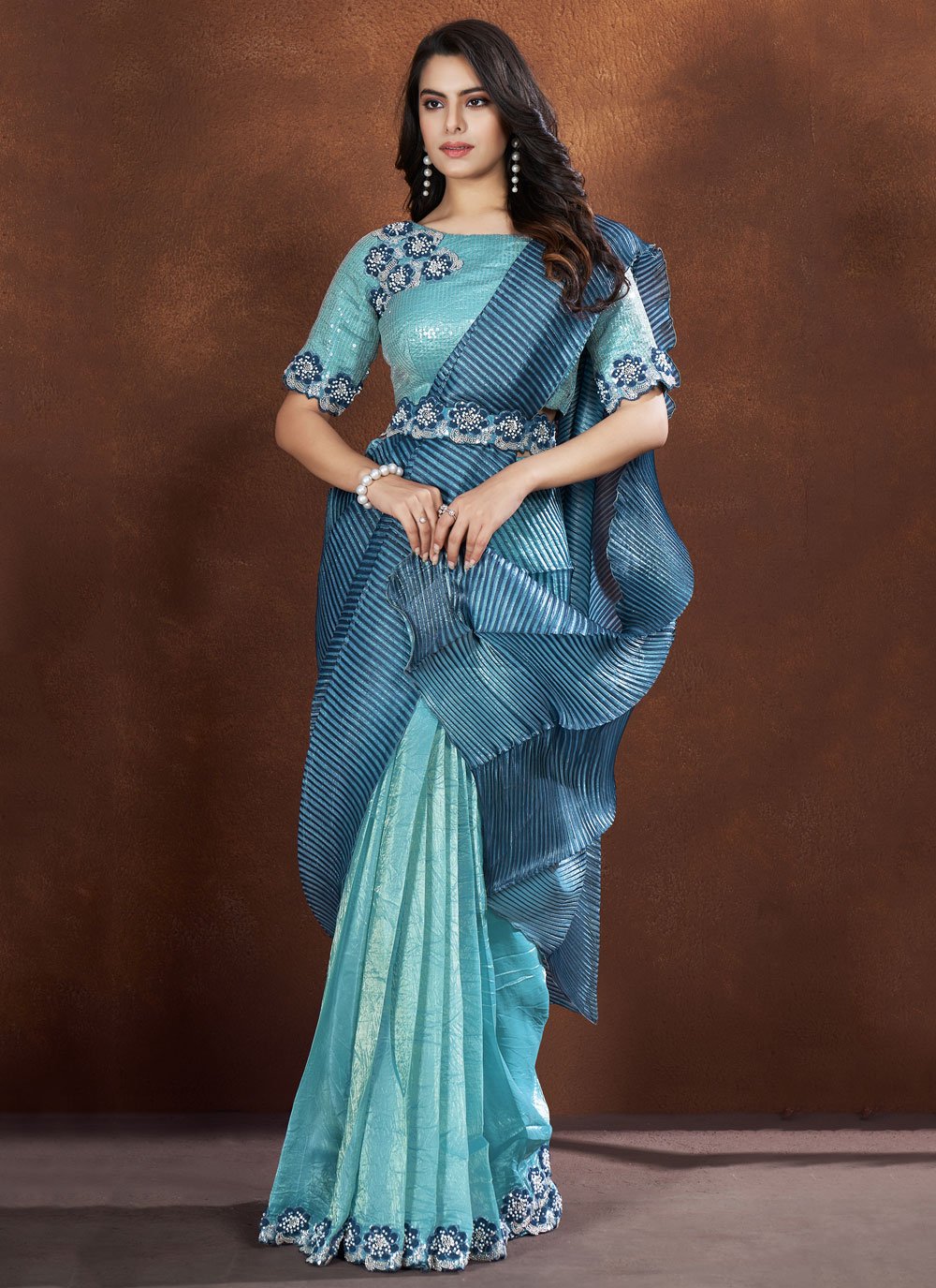 Blue Banarasi Crush Silk Saree with Georgette Stitched Blouse