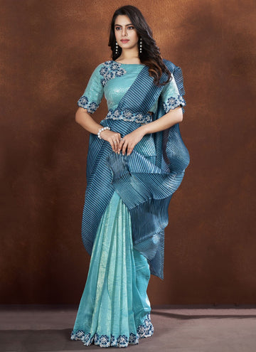 Blue Banarasi Crush Silk Saree with Georgette Stitched Blouse