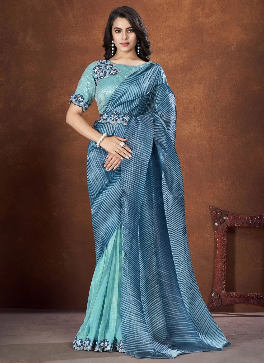 Blue Banarasi Crush Silk Saree with Georgette Stitched Blouse