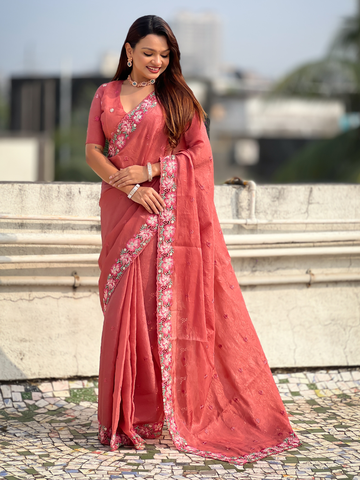 Coral Crush Embroidered Saree with Multicolor Floral Motifs and Cutwork Border