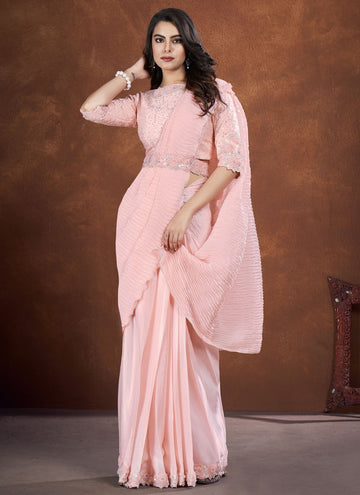 Light Peach Crepe Satin Silk Applique & Moti Embellishments Saree For Indian Function