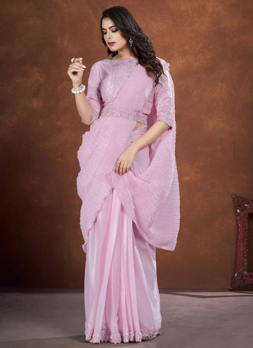 Light Purple Crepe Satin Silk Bridal Applique & Moti Work Indian Saree