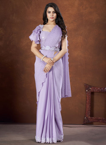 Lavender Crepe Satin Silk Indian Saree