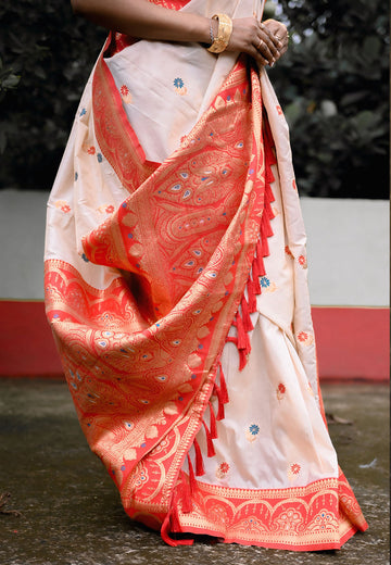 White Red Soft Silk Saree with Flower Butti Durga Pooja Zari Woven Saree
