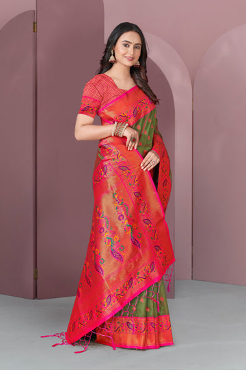 Mehendi Green Original Meenakari Paithani Silk Zari Woven Saree