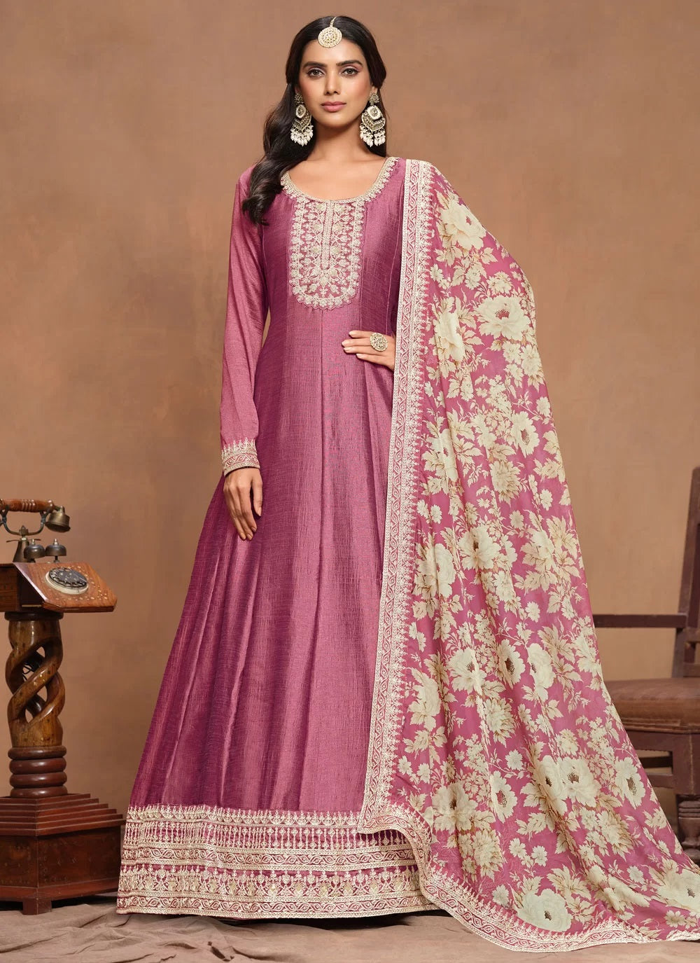 Pink Art Silk Embroidered Indian Anarkali