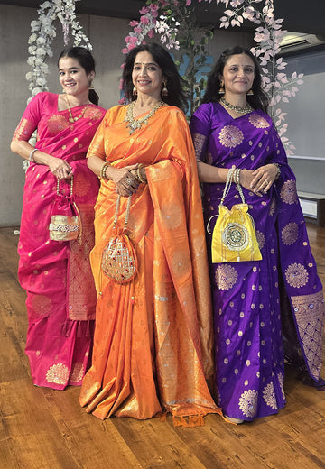 Orange Soft Silk Dual Zari Woven Saree with Peacock Border