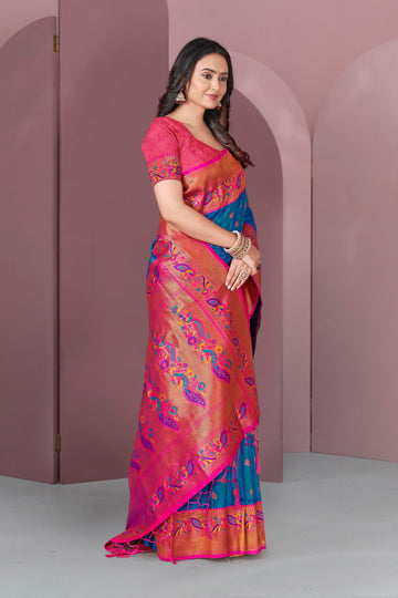 Blue Original Meenakari Paithani Silk Zari Woven Saree