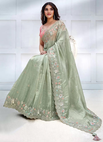 Designer Banarasi Silk Saree With Embroidered And Sequins Work